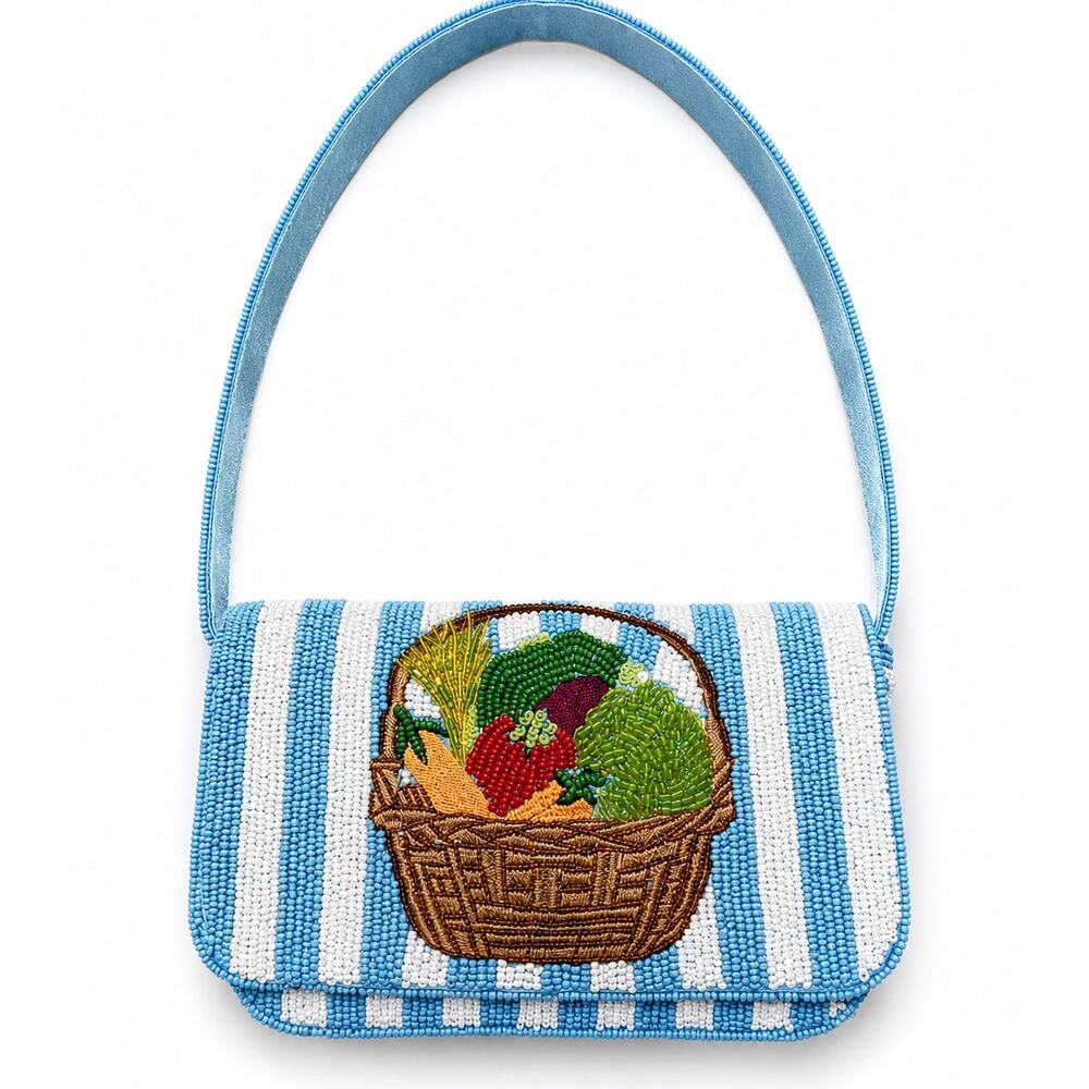 Handmade Beaded Farmers Market Vegetable Basket Shoulder Bag Blue White Striped